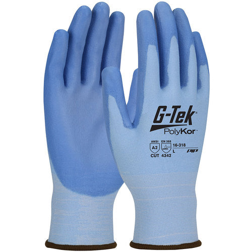 ‎16-318/XXL Seamless Knit Glove - G-Tek PolyKor - Blue 18G Seamless Knit - Blue PU Smooth Grip - A2 - Exact Industrial Supply