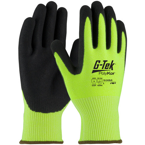 ‎16-343LG/XS Coated Gloves w/Polykor - G-Tek PolyKor - HV Lime G 13G Shell - DD Nitrile MicroSurface Grip - A2 - Exact Industrial Supply