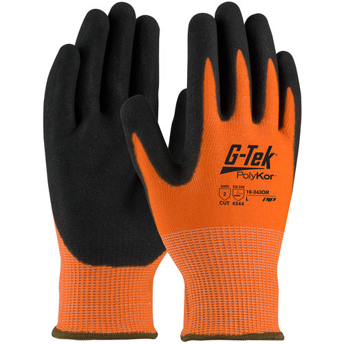 ‎16-343OR/XXL Coated Gloves - G-Tek PolyKor - HV Orange 13G Shell - DD Nitrile MicroSurface Grip - A2 - Exact Industrial Supply