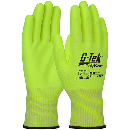 ‎16-520HY/M Coated Gloves w/Polykor - G-Tek PolyKor - Hi-Vis 13G Blended Shell - Hi-Vis Polyurethane Grip - A3 - Exact Industrial Supply