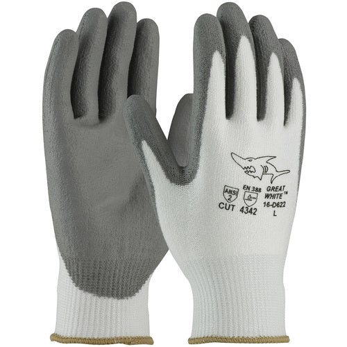 16-D622/XS Coated Gloves w/Polykor - G-Tek PolyKor - White 13G Blended Shell - Gray PU Coating - ANSI A2 - Exact Industrial Supply