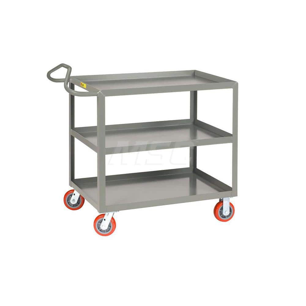 Shelf Utility Cart: 53.5″ OAL, 30″ OAW, 35″ OAH, Steel, Gray (2) Swivel & (2) Rigid, Replaceable Wheels, Polyurethane Wheels