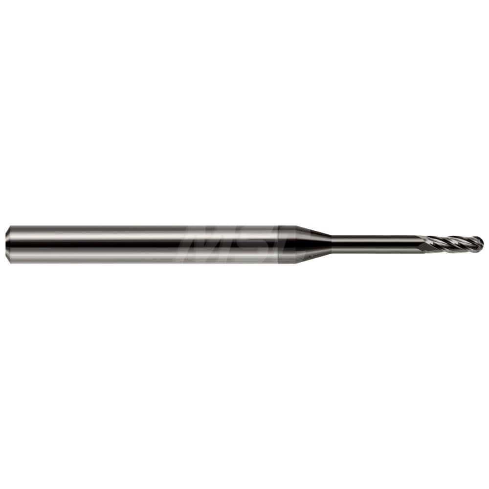 Ball End Mill: 0.02″ Dia, 0.06″ LOC, 4 Flute, Solid Carbide 1-1/2″ OAL, 1/8″ Shank Dia, 30 ° Helix, Amorphous Diamond Coated, Single End