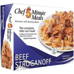 Chef Minute Meals - Emergency Preparedness Supplies Type: Ready-to-Eat Beef Stroganoff Meal Contents/Features: Heater Pad & Activator Solution; Cutlery Kit w/Utensils, Salt & Pepper Packets; 9-oz Entr e - Makers Industrial Supply