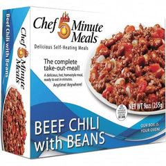 Chef Minute Meals - Emergency Preparedness Supplies Type: Ready-to-Eat Beef Chili Meal Contents/Features: Heater Pad & Activator Solution; Cutlery Kit w/Utensils, Salt & Pepper Packets; 9-oz Entr e - Makers Industrial Supply