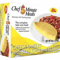 Chef Minute Meals - Emergency Preparedness Supplies Type: Ready-to-Eat Omelette and Chili Meal Contents/Features: Heater Pad & Activator Solution; Cutlery Kit w/Utensils, Salt & Pepper Packets; 9-oz Entr e - Makers Industrial Supply