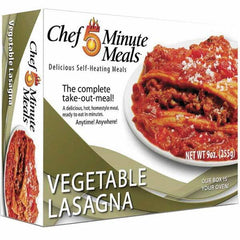 Chef Minute Meals - Emergency Preparedness Supplies Type: Ready-to-Eat Vegetable Lasagna Meal Contents/Features: Heater Pad & Activator Solution; Cutlery Kit w/Utensils, Salt & Pepper Packets; 9-oz Entr e - Makers Industrial Supply