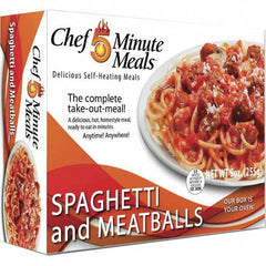 Chef Minute Meals - Emergency Preparedness Supplies Type: Ready-to-Eat Spaghetti and Meat Ball Meal Contents/Features: Heater Pad & Activator Solution; Cutlery Kit w/Utensils, Salt & Pepper Packets; 9-oz Entr e - Makers Industrial Supply