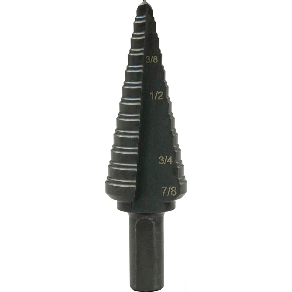 Greenlee - Step Drill Bits; Minimum Hole Diameter (Inch): 3/16 ; Maximum Hole Diameter (Inch): 7/8 ; Drill Bit Material: Steel ; Drill Bit Finish/Coating: Steam Oxide ; Number of Hole Sizes: 12 ; Shank Type: 3-Flat - Exact Industrial Supply