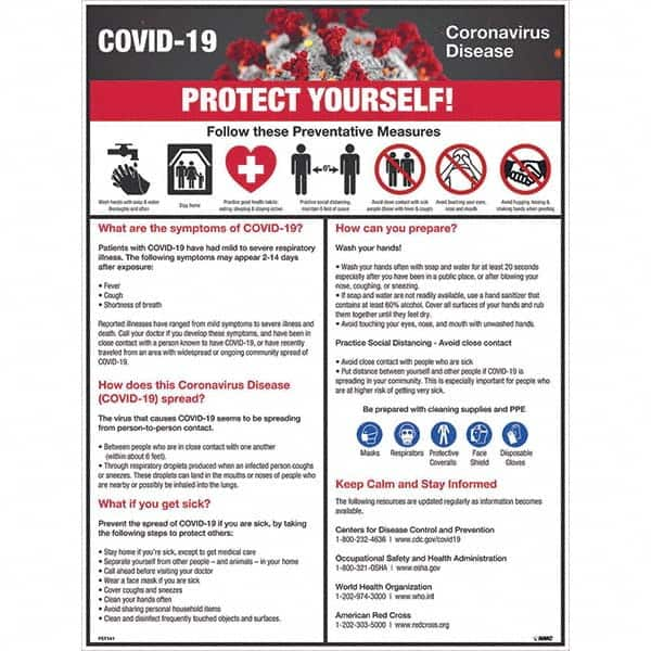 NMC - "COVID-19 - PROTECT YOURSELF!", 18" Wide x 24" High, Pressure-Sensitive Vinyl Safety Sign - Makers Industrial Supply