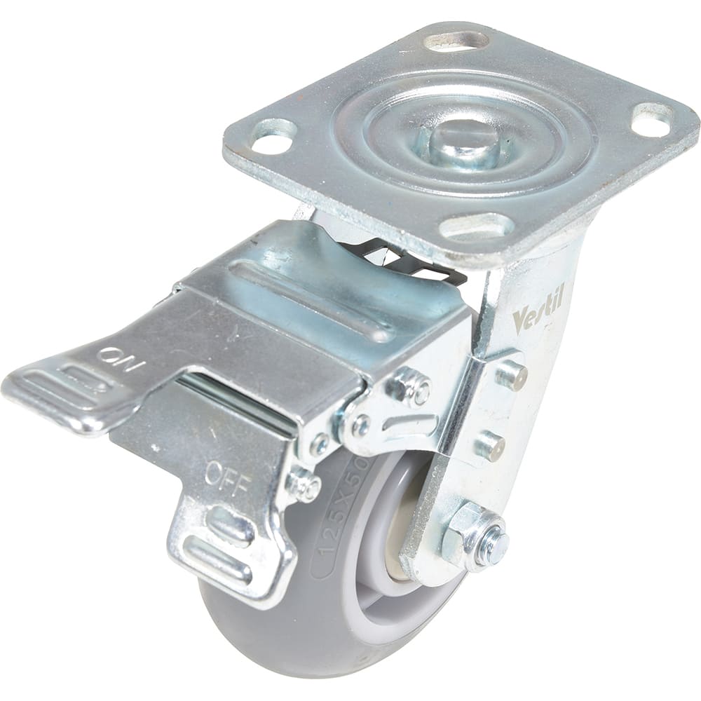 Vestil - Standard Casters; Mount: With Holes ; Style: Swivel w/Total Brake ; Wheel Diameter: 5 (Inch); Wheel Width: 2 (Inch); Overall Height (Inch): 6-1/2 ; Load Capacity (Lb.): 551.000 - Exact Industrial Supply