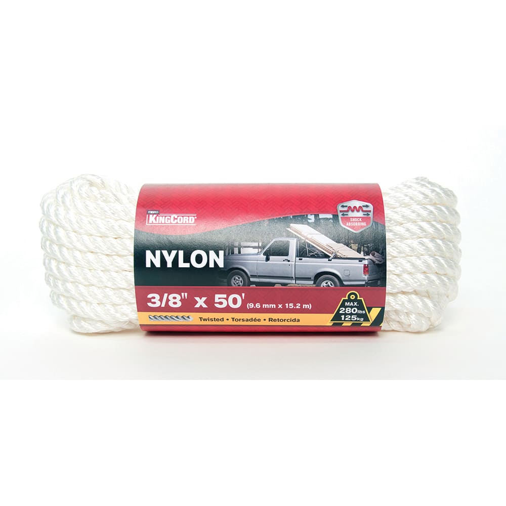 Mibro - Rope; Type: Twisted Rope ; Head/Holder Diameter (Inch): 3/8 ; Material: Nylon ; Load Capacity (Lb.): 280.000 ; Maximum Length: 50.00 ; Color: White - Exact Industrial Supply