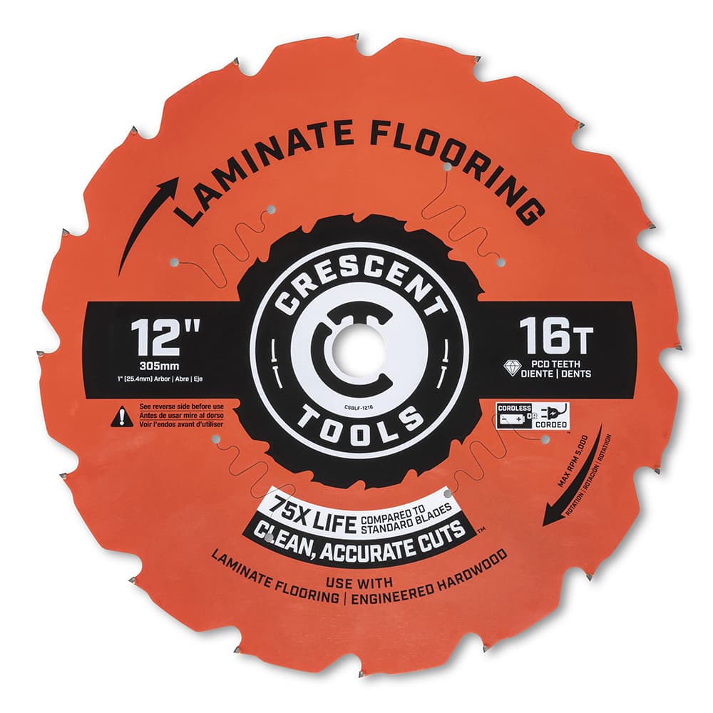 Wet & Dry Cut Saw Blade: 12″ Dia, 1″ Arbor Hole, 0.094″ Kerf Width, 16 Teeth Use on Laminate Flooring Cutting