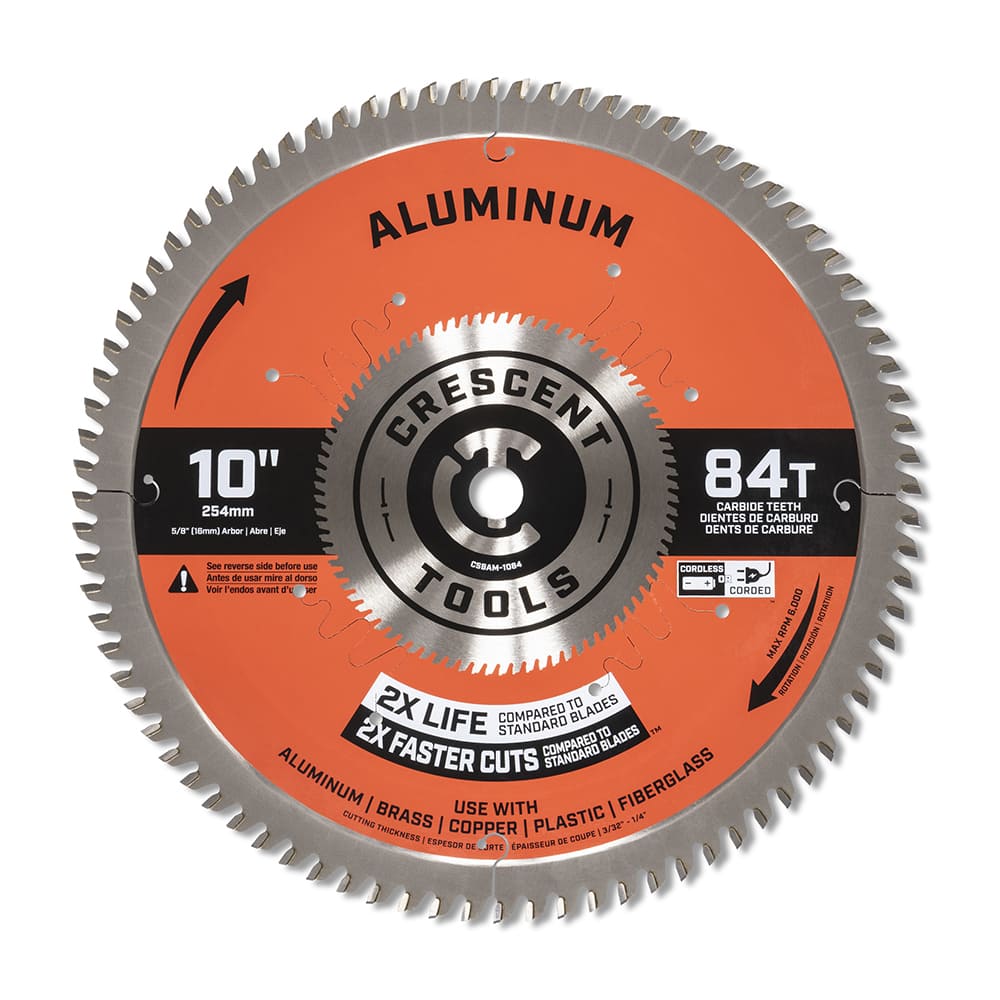 Wet & Dry Cut Saw Blade: 10″ Dia, 5/8″ Arbor Hole, 0.11″ Kerf Width, 84 Teeth Use on Aluminum Cutting