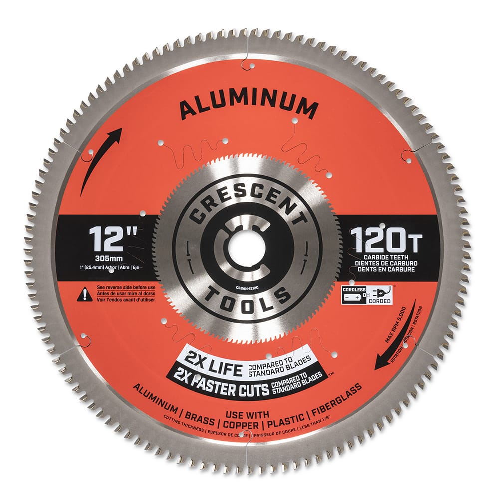 Wet & Dry Cut Saw Blade: 12″ Dia, 1″ Arbor Hole, 0.11″ Kerf Width, 120 Teeth Use on Aluminum Cutting