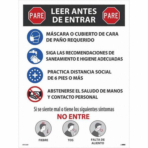 NMC - "COVID-19 - PARE - Leer Antes De Entrar", 18" Wide x 24" High, Paper Safety Sign - Makers Industrial Supply