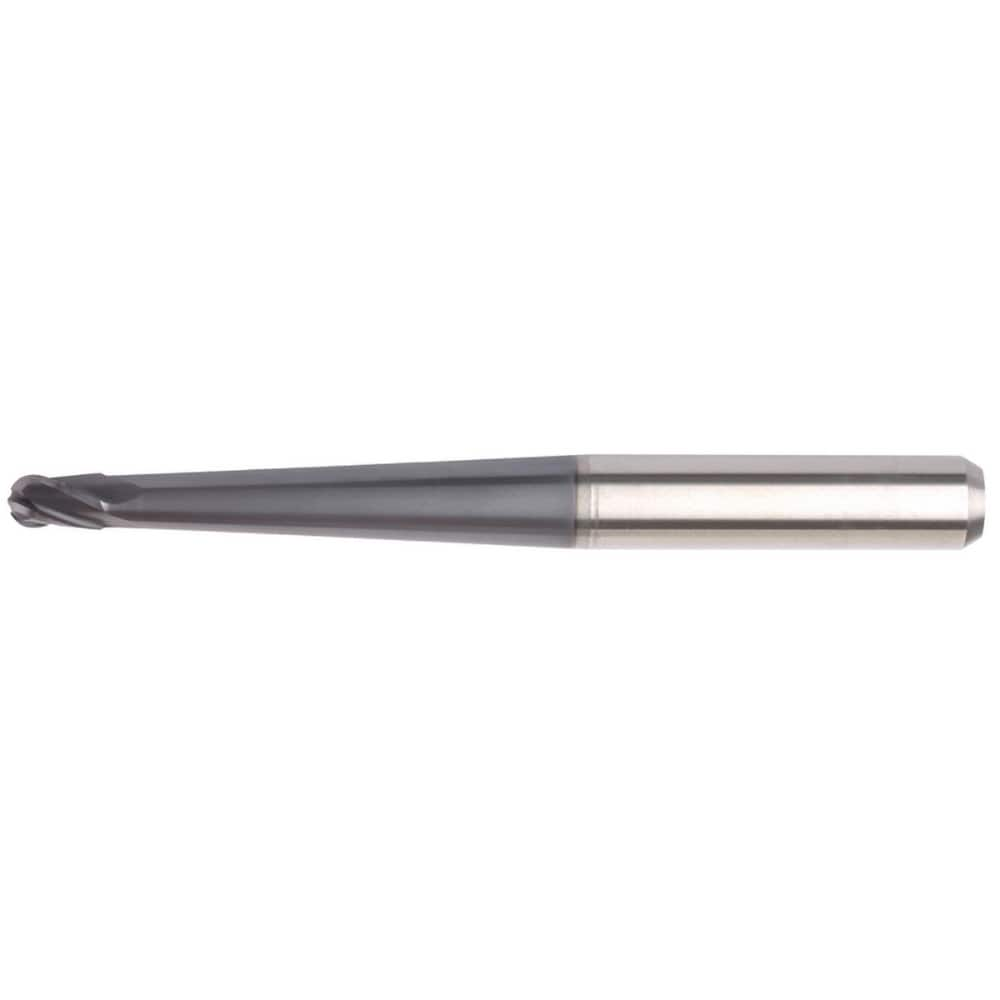 Ball End Mill: 0.1969″ Dia, 0.2362″ LOC, 4 Flute, Solid Carbide 100 mm OAL, 8 mm Shank Dia, 30 ° Helix, AlTiN Coated, Single End