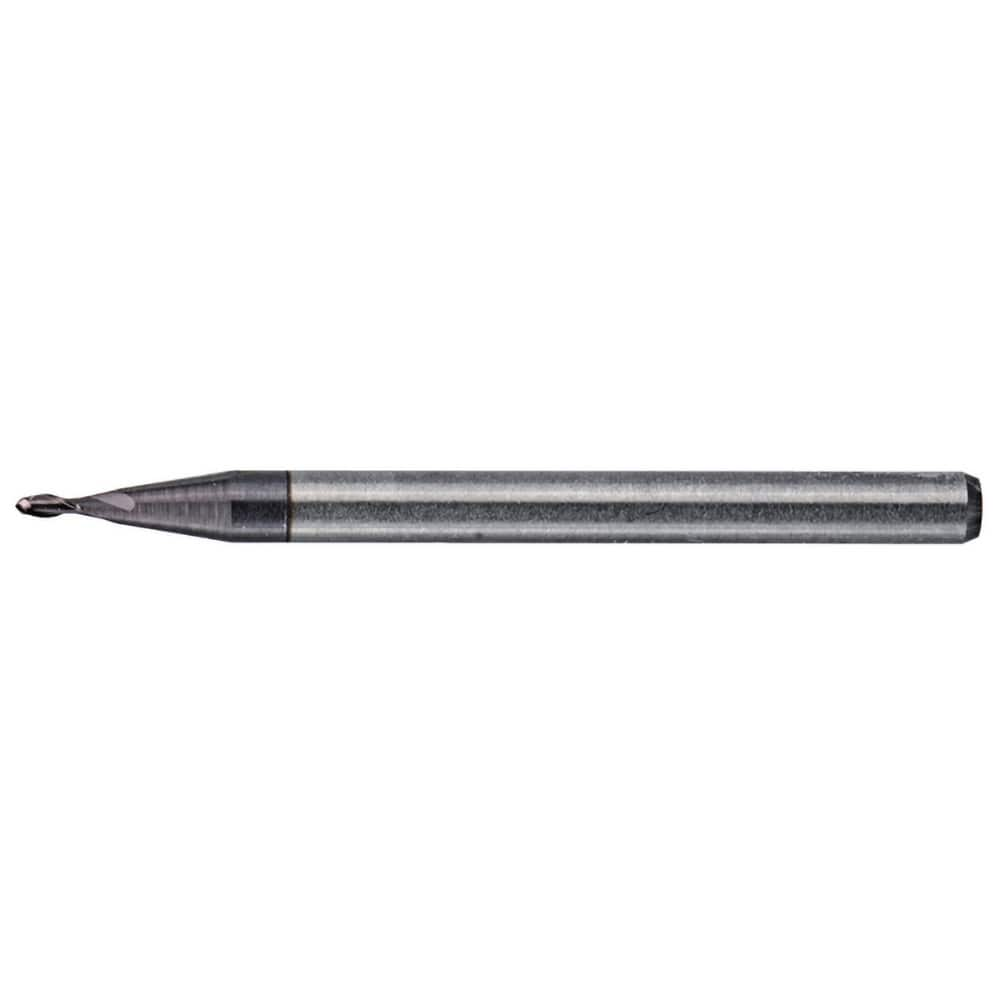 Ball End Mill: 0.063″ Dia, 0.063″ LOC, 2 Flute, Solid Carbide 50 mm OAL, 6 mm Shank Dia, 30 ° Helix, AlTiN Coated, Single End