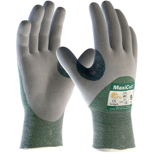 ‎18-575/XS Gloves for Cut Protection - MaxiCut - Green 15G Eng Yarn Shell - Gray 3/4 Nitrile MicroFoam Grip - A2 - Exact Industrial Supply