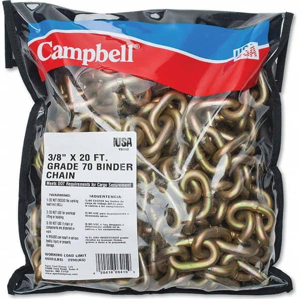 Campbell - Welded Chain; Chain Grade: 70 ; Trade Size: 3/8 ; Load Capacity (Lb.): 6,600 ; Finish/Coating: Yellow Chromate ; Type: Binder ; Length (Feet): 20 - Exact Industrial Supply