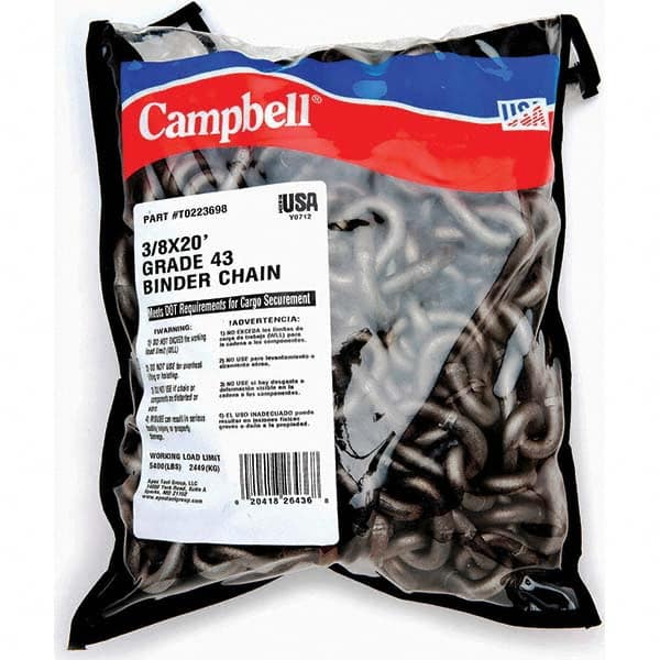 Campbell - Welded Chain; Chain Grade: 43 ; Trade Size: 3/8 ; Load Capacity (Lb.): 5,400 ; Finish/Coating: Bright ; Type: Binder ; Length (Feet): 20 - Exact Industrial Supply