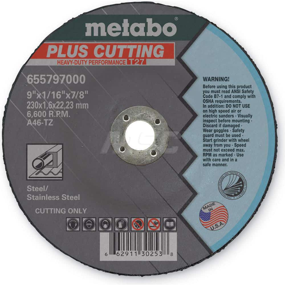 Cut-Off Wheel: Type 27, 9″ Dia, 7/8″ Hole, Aluminum Oxide 46 Grit, 6600 Max RPM