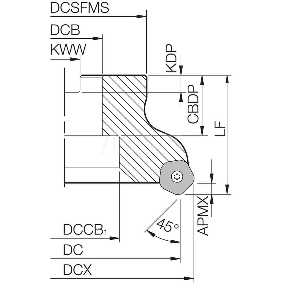 Indexable Chamfer & Angle Face Mills; Minimum Cutting Diameter (mm): 100.00; Maximum Cutting Diameter (mm): 113.00; Maximum Depth of Cut (mm): 6.00; Arbor Hole Diameter (Inch): 1-1/4; Lead Angle: 45; Compatible Insert Size Code: PNEU1205ANEL; PNMU1205ANEL