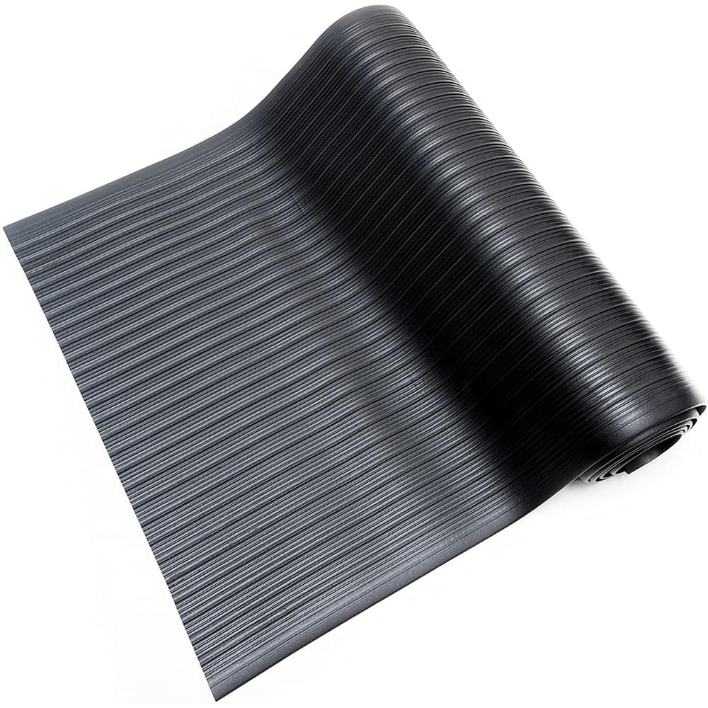 Anti-Fatigue Mat: 5' Length, 3' Wide, 3/8″ Thick, Vinyl, Beveled Edge, Light-Duty Ribbed, Black, Dry