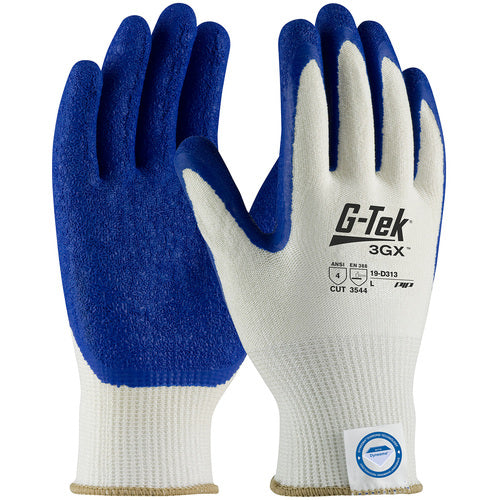 ‎19-D313/XL Coated Gloves - G-Tek 3GX Dyneema Diamond - 13G White Shell - Blue Latex Crinkle Grip - A4 - Exact Industrial Supply