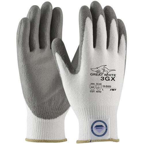 ‎19-D322/XXL Coated Gloves - Great White 3GX Dyneema Diamond - 13G White Shell - Gray PU Smooth Grip - A3 - Exact Industrial Supply