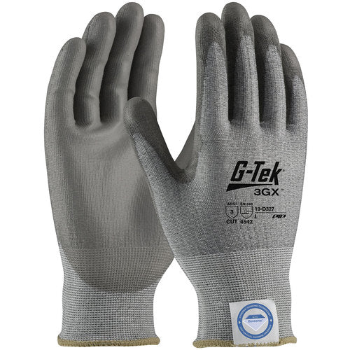 ‎19-D327/M Coated Gloves - G-Tek 3GX Dyneema Diamond - 13G Gray Shell - Gray PU Smooth Grip - A3 - Exact Industrial Supply