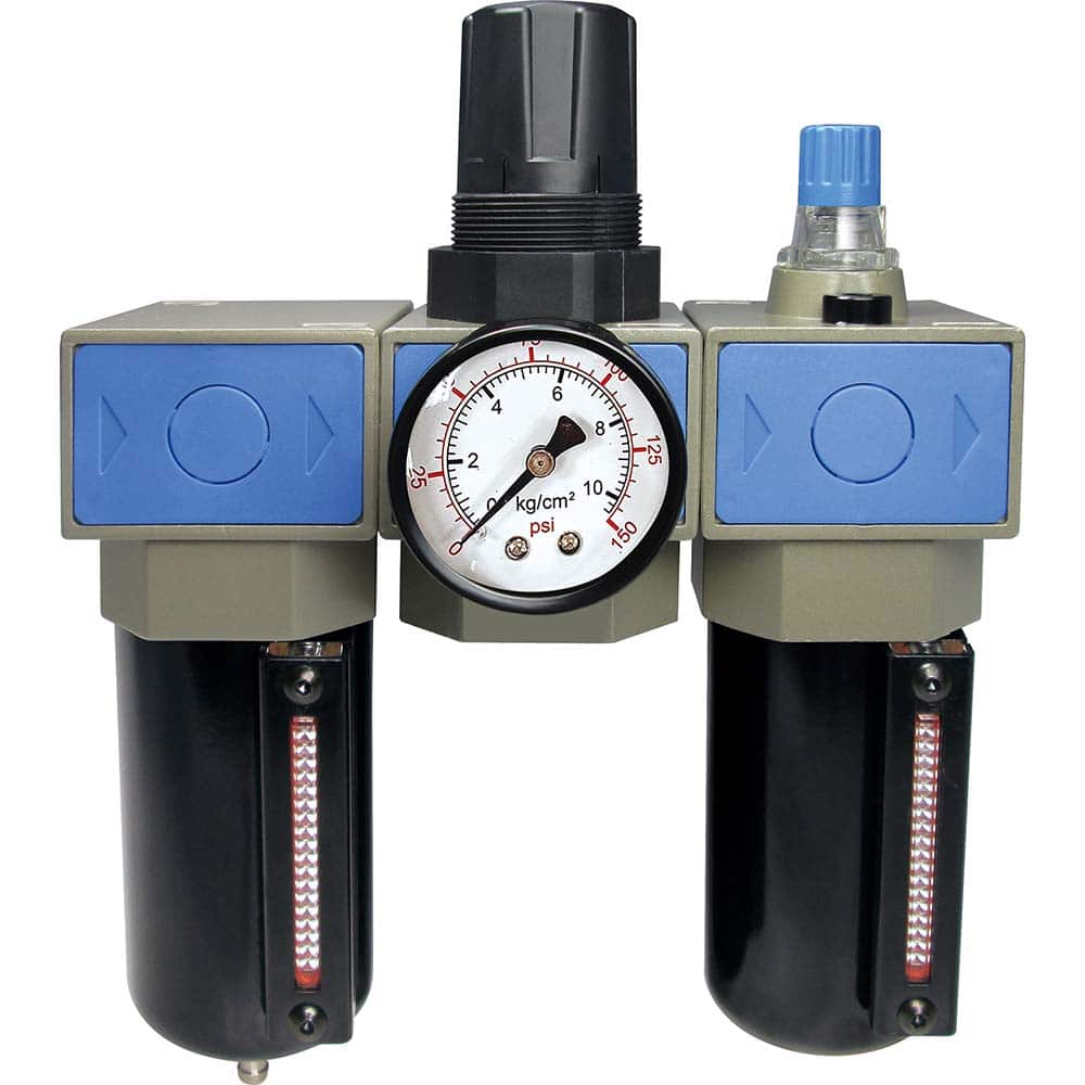 FRL Combination Unit: 3/8 NPT, Intermediate with Pressure Gauge 74.15 SCFM, 215 Max psi, Aluminum Bowl, Semi-Automatic Drain