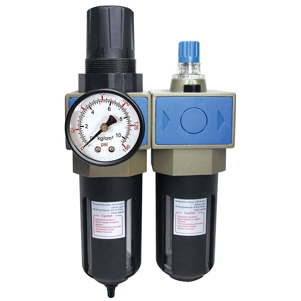 FRL Combination Unit: 1/4 NPT, Intermediate with Pressure Gauge 73.45 SCFM, 145 Max psi, Aluminum Bowl, Automatic Drain