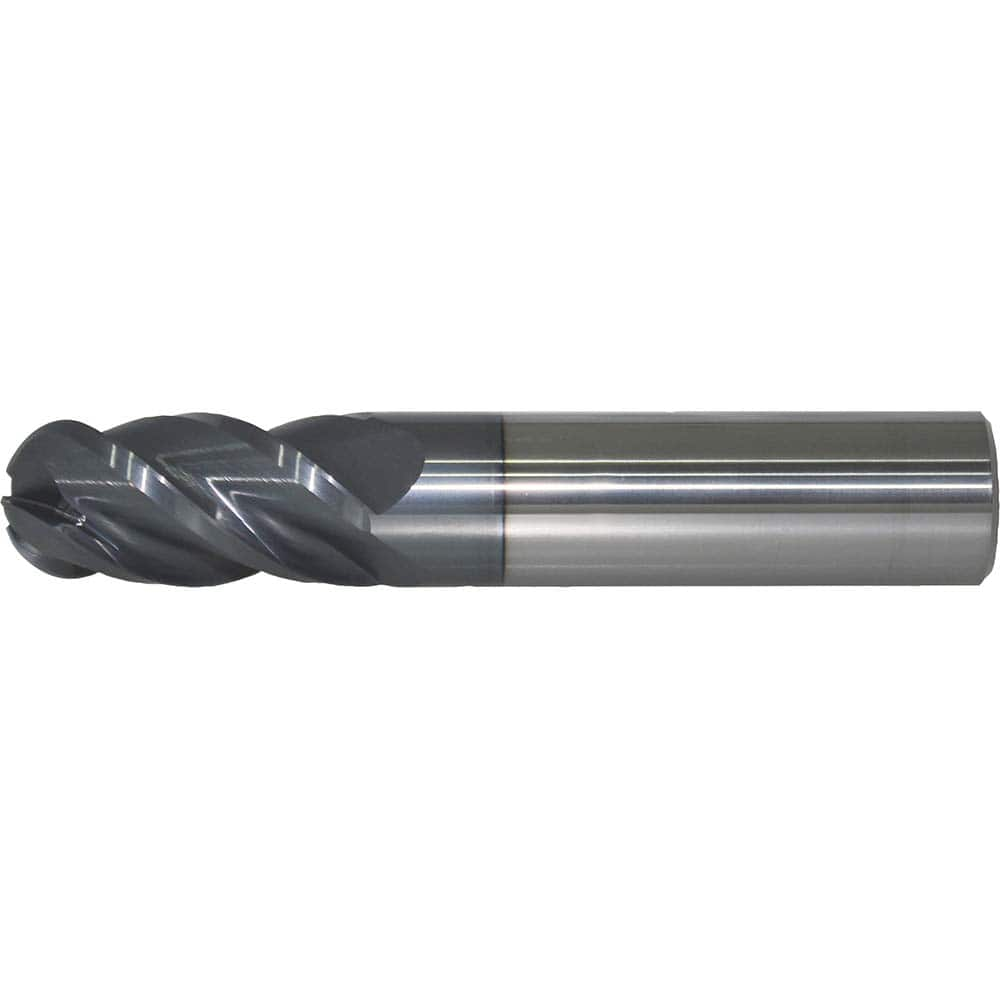 Ball End Mill: 0.5″ Dia, 1″ LOC, 4 Flute, Solid Carbide 4″ OAL, 1/2″ Shank Dia, 40 ° Helix, AlTiN Coated, Single End