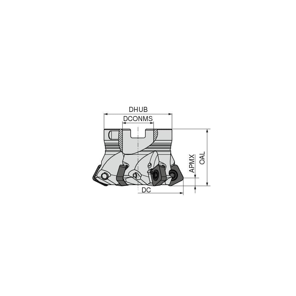 Indexable High-Feed Face Mills; Minimum Cutting Diameter: 51.00 mm; Maximum Cutting Diameter: 63.00 mm; Maximum Depth Of Cut: 5.00 mm; Arbor Hole Diameter (mm): 22.00; Compatible Insert Size Code: XOLX 1204..; Maximum Ramping Angle: 1.1; Series: AHFC-12;