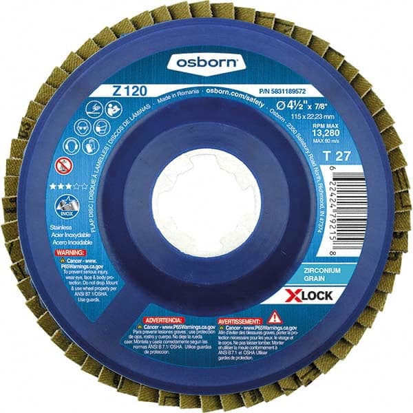 Osborn - 4-1/2" 120 Grit 5/8-11 Center Hole Type 27 Zirconia Alumina Flap Disc - Makers Industrial Supply