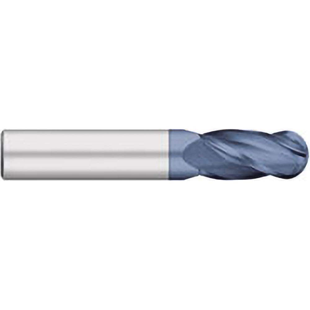 Ball End Mill: 0.7087″ Dia, 1.4961″ LOC, 4 Flute, Solid Carbide 100 mm OAL, 18 mm Shank Dia, 30 ° Helix, AlTiN Coated, Single End