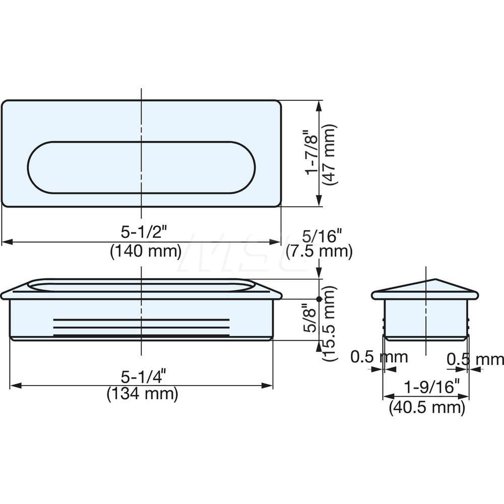 Recessed Pulls; Overall Width (Inch): 5-33/64; Overall Height (mm): 47.00000; Recess Width: 16.00; Recess Height: 40.50; Recess Depth: 16.00; Center to Center: 134.0000; Finish/Coating: Satin; Material: Stainless Steel; Material: Stainless Steel