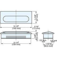 Recessed Pulls; Overall Width (Inch): 5-33/64; Overall Height (mm): 47.00000; Recess Width: 16.00; Recess Height: 40.50; Recess Depth: 16.00; Center to Center: 134.0000; Finish/Coating: Satin; Material: Stainless Steel; Material: Stainless Steel