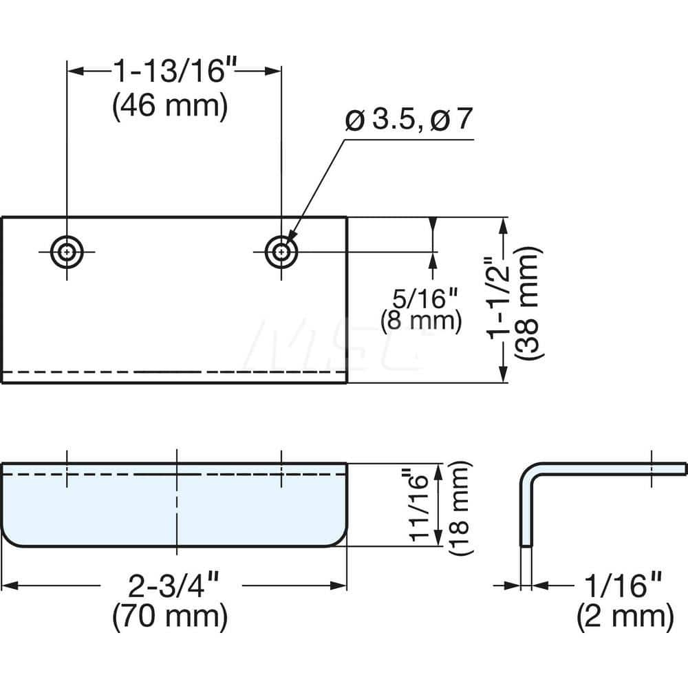 Edge Pulls; Width (Inch): 2-3/4; Depth (Inch): 1-1/2; Thickness (mm): 2.5; Hole Diameter: 3.5000; Distance Between Centers Width: 46.0000; Material Grade: 304; Finish/Coating: Satin; Material: Stainless Steel; Material: Stainless Steel