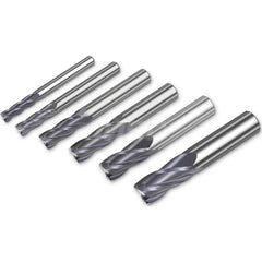 End Mill Set: 3/16 to 5/8″ Dia, 4 Flute, Square End Solid Carbide, AlTiN Finish, Centercutting, Single End, 6 Pc