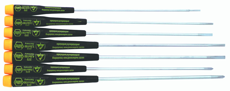 7 Piece - Precision ESD Safe Slotted & Phillips Extra Long Screwdriver Set - #27393 - Slotted 2.0 - 4.0mm; Phillips # 0; 1 x 150mm - Makers Industrial Supply