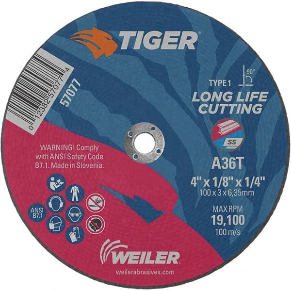 Weiler - 4 x 1/8, 1/4" Hole 36 Grit Aluminum Oxide Cutoff Wheel - Makers Industrial Supply