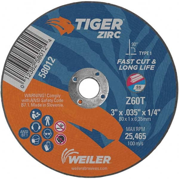 Weiler - 3 x 0.035, 1/4" Hole 60 Grit Zirconia Alumina Cutoff Wheel - Makers Industrial Supply