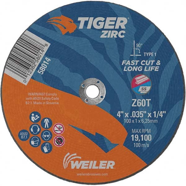 Weiler - 4 x 0.035, 1/4" Hole 60 Grit Zirconia Alumina Cutoff Wheel - Makers Industrial Supply