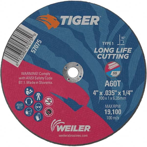 Weiler - 4 x 0.035, 1/4" Hole 60 Grit Aluminum Oxide Cutoff Wheel - Makers Industrial Supply