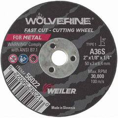 Weiler - 2 x 1/8, 1/4" Hole 36 Grit Aluminum Oxide Cutoff Wheel - Makers Industrial Supply