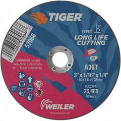 Weiler - 3 x 1/16, 1/4" Hole 36 Grit Aluminum Oxide Cutoff Wheel - Makers Industrial Supply