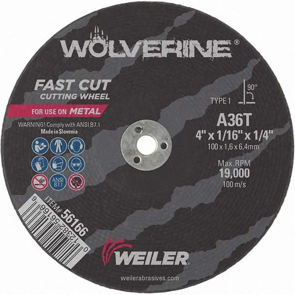 Weiler - 4 x 1/16, 1/4" Hole 36 Grit Aluminum Oxide Cutoff Wheel - Makers Industrial Supply