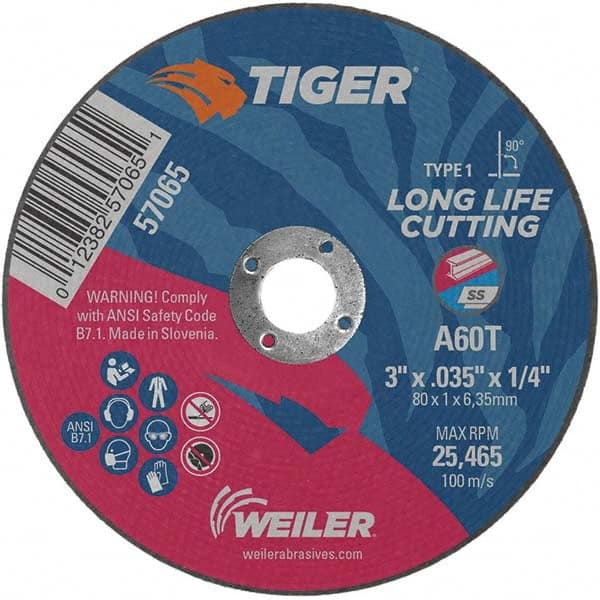 Weiler - 3 x 0.035, 1/4" Hole 60 Grit Aluminum Oxide Cutoff Wheel - Makers Industrial Supply